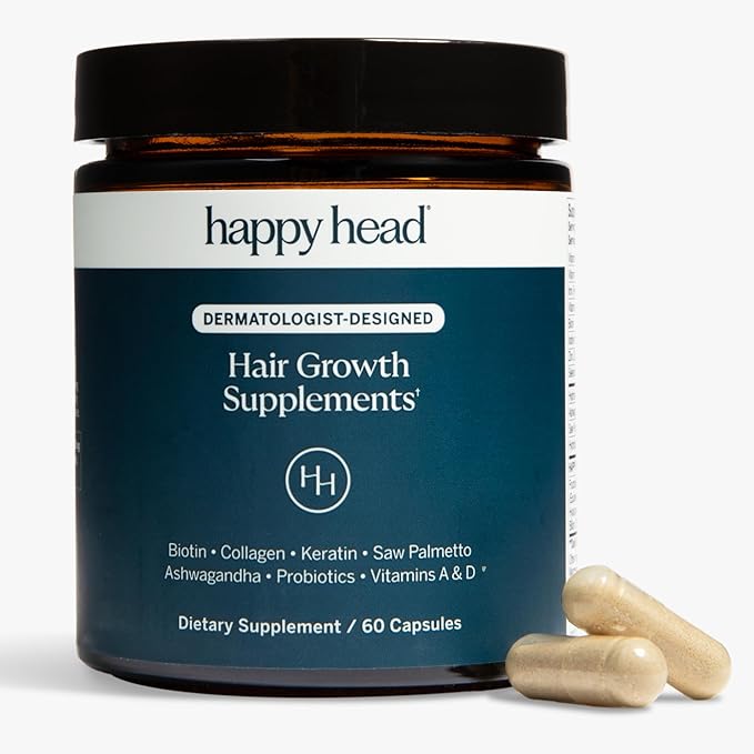 Happy Head Happy Head Hair Growth Supplement for Men and Women – Thicker, Fuller Hair with Saw Palmetto, Ashwagandha, Biotin, Collagen, Keratin, Probiotics & Vitamins A & D – One Month Supply – 60/ct skincare