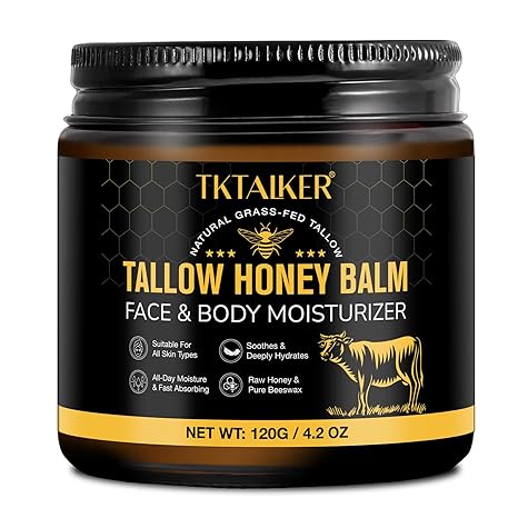 TKTALKER Beef Tallow for Skin, Beef Tallow for Face, Hydrating Tallow Balm with Raw Honey and Beeswax, Grass-Fed Beef Tallow & Raw Wild Honey Blend, Body & Face Moisturizer, Natural Formula, Light Scent Moisturiser