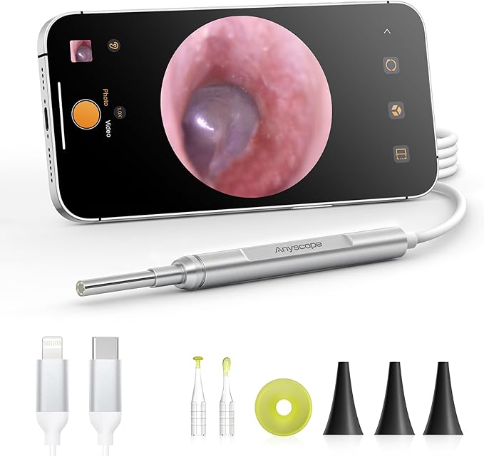 AnyScope Digital Otoscope Compatible with iPhone and Android Devices, HD Ear Camera with Ear Wax Removal Tools, Video Ear Scope Otoscope with Light, Capture Photos and Videos (Silver) skincare