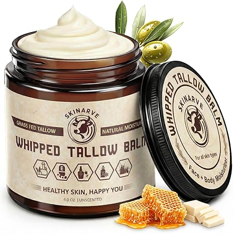 SKINARVE Beef Tallow for Skin 4oz Unscented, Organic Whipped beef Tallow and Honey Balm, 100% Grass Fed Beef Tallow Face Moisturizer For Dry Skin, Lip balm, Eczema Natural Tallow Moisturizer Lotion Body Butter Moisturiser