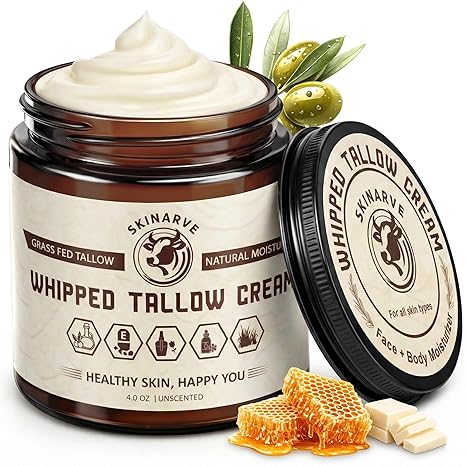 SKINARVE Beef Tallow for Skin 4oz Unscented, Organic Whipped beef Tallow and Honey Balm, 100% Grass Fed Beef Tallow Face Moisturizer For Dry Skin, Lip balm, Natural Tallow Moisturizer (Cream) Moisturiser