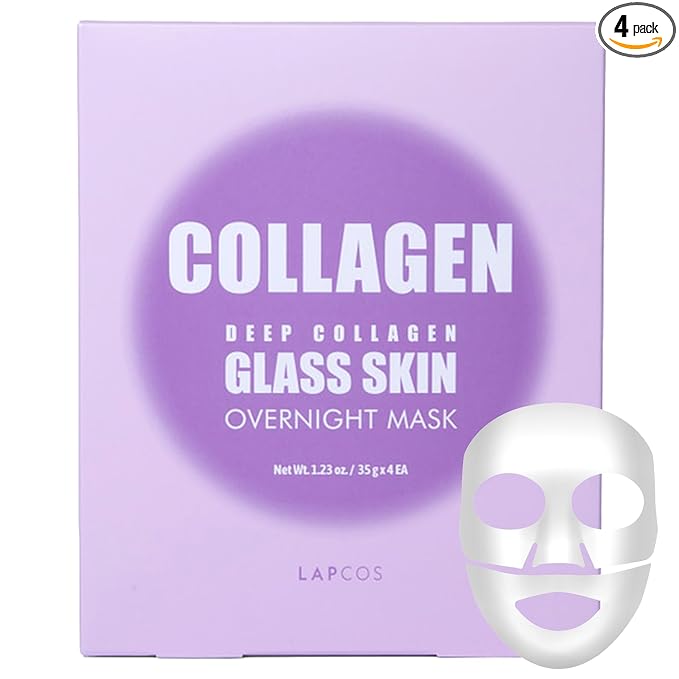 LAPCOS LAPCOS Deep Collagen Glass Skin Overnight Mask - Korean Skin Care Mask w/Rose PDRN, Vegan Collagen & Hydrogel Sheet - Hypoallergenic Firming Collagen Face Mask Sheets (4 ea, 1.23 oz) Sheet Mask