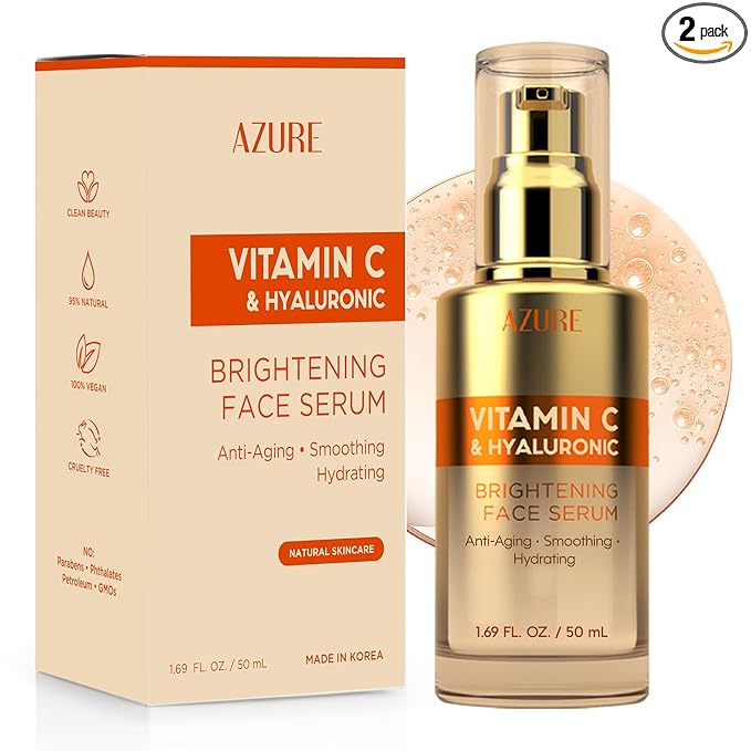Azure Cosmetics Azure Cosmetics Vitamin C Serum For Face - Dermatologist Tested, Anti-Aging with Hyaluronic Acid for Dark Spots, Fine Lines & Wrinkles - Brightning, Clean, Korean Skincare for Glass Skin - 2 Pack Serum