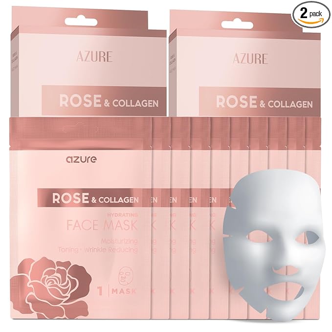Azure Cosmetics AZURE Rose & Collagen Hydrating Facial Sheet Mask - Toning, Lifting & Deeply Moisturizing - Reduces Fine Lines & Wrinkles, Reduces Signs of Aging & Dry Patches - Skin Care Made in Korea - 10 Pack Sheet Mask