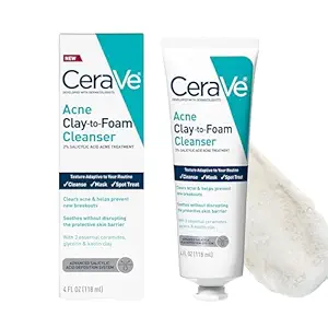 CeraVe CeraVe Clay To Foam Acne Face Wash, Multi-Use Salicylic Acid & Kaolin Clay Acne Spot Treatment Clears Pimples & Blackheads, Prevents Breakouts, Hydrates & Soothes, Fragrance-Free, Non-Comedogenic, 4oz Korean face wash