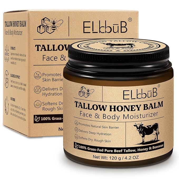 ELBBUB ELBBUB Whipped Tallow Cream for Face & Body - 100% Grass-Fed Beef Tallow, Natural Honey & Beeswax Moisturizer, Deep Hydration & Nourishment, Oil-Free & Unscented, Fast Absorbing Moisturiser