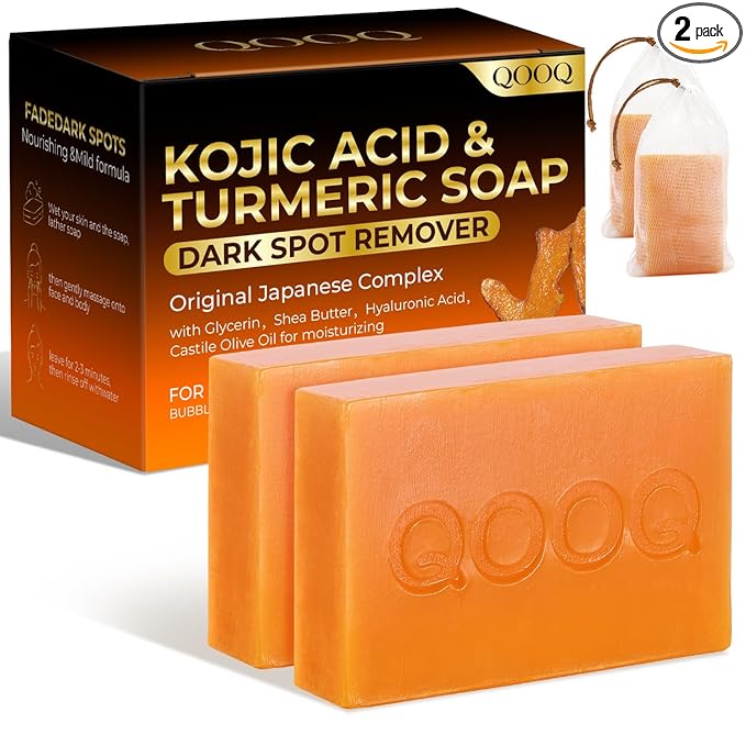 QOOQ QOOQ Turmeric Kojic Acid Soap for Dark Spots Remover – Facial Cleansing Bar with Vitamin C, Retinol, Collagen, Vitamin E, Glycerin, Shea Butter & Castile Olive Oil – Soap for Women & Men (120g x 2) skincare