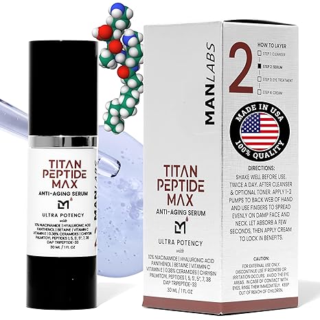 Man Labs Titan MAX Anti-Aging Peptides Serum for Face – Utra Potency Mens Peptide Serum Moisturizer – Skin Care Men – Face Serum Men – Anti Aging Serum – 10% Niacinamide, HA – All Skin Types–Unscented Serum