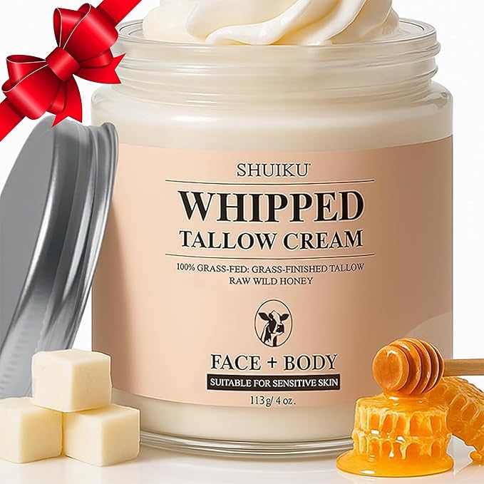 SHUIKU Beef Tallow for Skin & Face with Raw Honey – Whipped Tallow & Honey Balm Moisturizer, Grass Fed Tallow Face Moisturizer for Dry, Sensitive Skin, Natural Barrier Repair Cream 2 oz Moisturiser