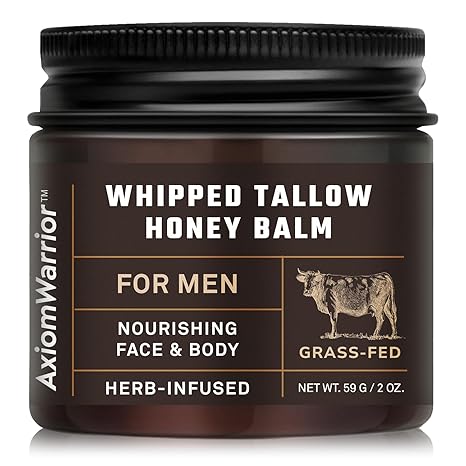 AxiomWarrior Beef Tallow and Honey Balm for Skin: Whipped Organic Beef Tallow Moisturizer Cream for Face & Body with Grass Fed & Finished - Hydrates, Nourishes & Smoothes - Sensitive, Dry Skin - 2oz Moisturiser