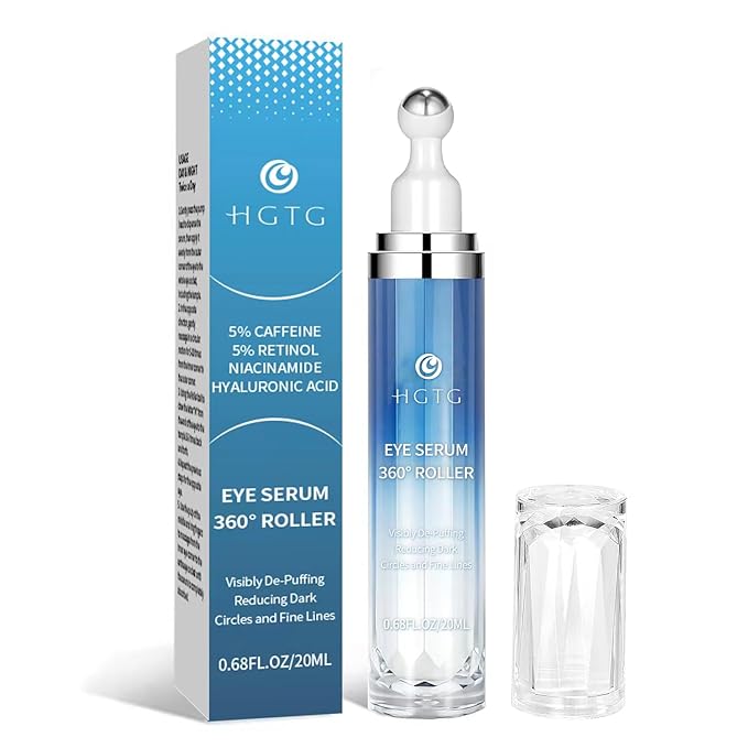 HGTG Eye Serum with 5% Caffeine & 5% Retinol for Dark Circles, Puffiness Puffy Bags & Wrinkles Fine Lines - Under Eye Cream Anti Aging Treatment with 360° Massage Roller Ball for Men & Women Serum