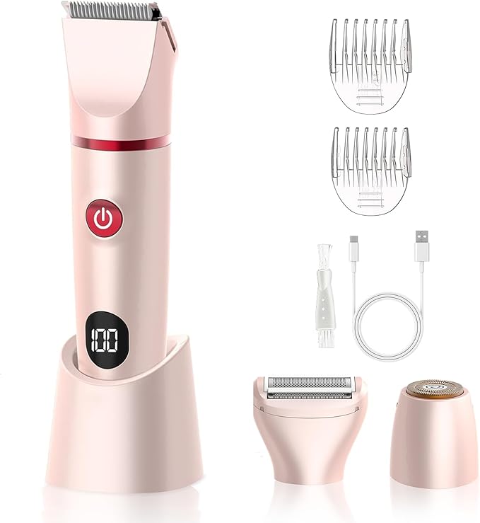 AMULISS 3-in-1 Bikini Trimmer for Women, Electric Razors Shaver for Public Hair - Rechargeable Body Hair Trimmer, Portable Detachable Removal Kit, lPX7 Waterproof Lightweight with LED Display, Gift for Women skincare