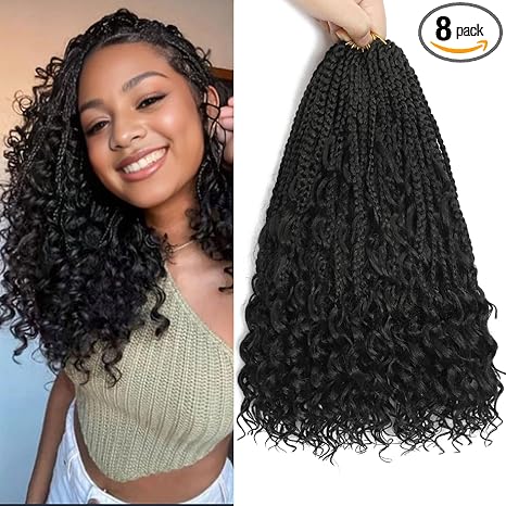 Sixi Beauty 12 Inch Goddess Box Braids Crochet Hair 8 Packs Pre-Looped Bohemian Braiding Hair with Curly Ends Synthetic Crochet Hair for Women (1B, 12 Inch (Pack of 8)) skincare