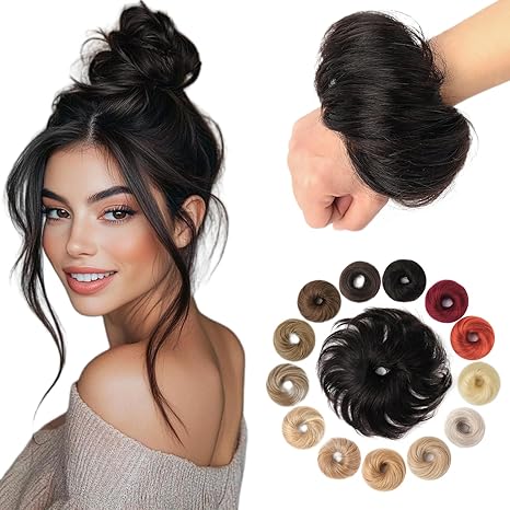 KISANOF Messy Bun Hair Piece 100% Real Human Hair Natural Black Wavy Tousled Stretchy Fluffy Donut Updo Elegant Chignon with Elastic Rubber Band(1 Count #1B Natural Black skincare