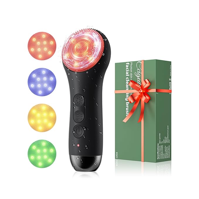 Ccigedy Face Scrubber Facial Cleansing Brush - Waterproof and Rechargeable Face Cleansing Brush with 4 LED Gentle Light, Cleansing, Exfoliating and Massaging, Electric Face Scrub Brush for Men & Women Exfoliator