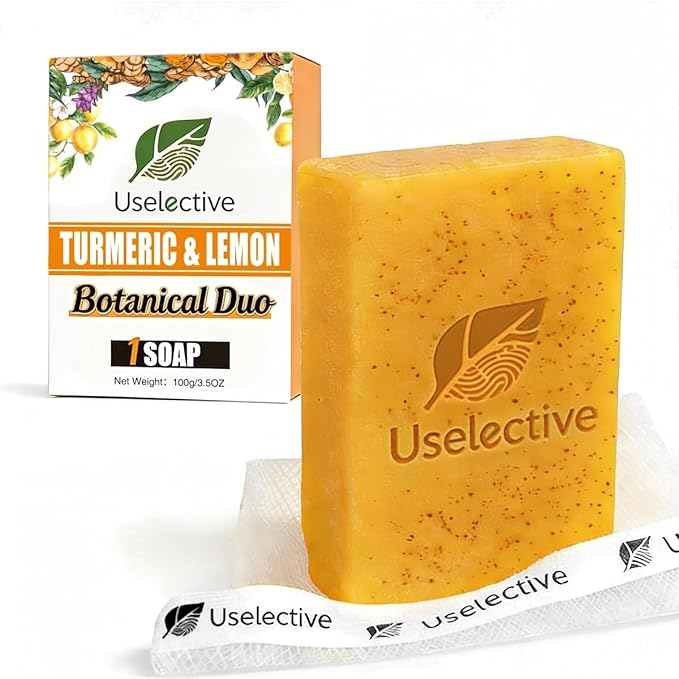 Uselective Lemon & Turmeric Soap Bar for Dark Spots, Powered by Kojic Acid & Vitamin C - Deeply Moisturizing with Amino Acids & Shea Butter - SLS Free for Face/Body Moisturiser