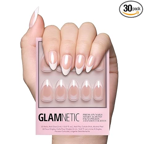 Glamnetic Glamnetic Press On Nails - Mrs. | Short Almond Fake Nails with French Tips and Glossy, Glazed Finish, Salon Quality | 15 Sizes - 30 Nail Kit with Glue skincare