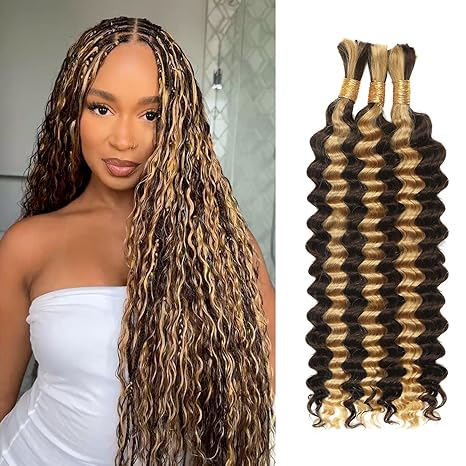 Auvzy Human Braiding Hair for Boho Braids Human Hair 150g 16 Inch Deep Wave Ombre Highlight Boho Braids Human Hair No Weft Boho Human Braiding Hair Curly 6 Bundles/Pack P4/27 skincare