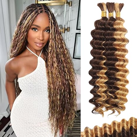 Afihond Afihond Human Braiding Hair For Boho Braids Deep Water Wave Human Bulk Braiding Hair 12A Brazilian Virgin Human Hair Extensions for Boho Braids 3 Bundles/Pack 110g 4P27 Highlight Ombre Balayage 22inch skincare