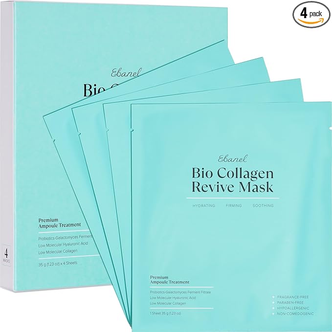 Ebanel Ebanel Bio Collagen Face Mask, 4-Pack Hydrating Face Masks with 7 Peptides, Hyaluronic Acid, Niacinamide, Centella, Rose Water, Ceramide, and B5, Glass Skin Tightening and Lifting Korean Sheet Masks Korean face wash