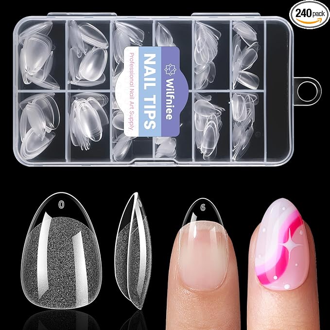 Wilfniee Extra Short Almond Nail Tips: 240Pcs Small Clear Almond Nails Soft Gel Fake Nail Tips for Nail Extension, 12 Sizes Full Cover Clear Press on Nails for Girls for Home DIY Salon skincare