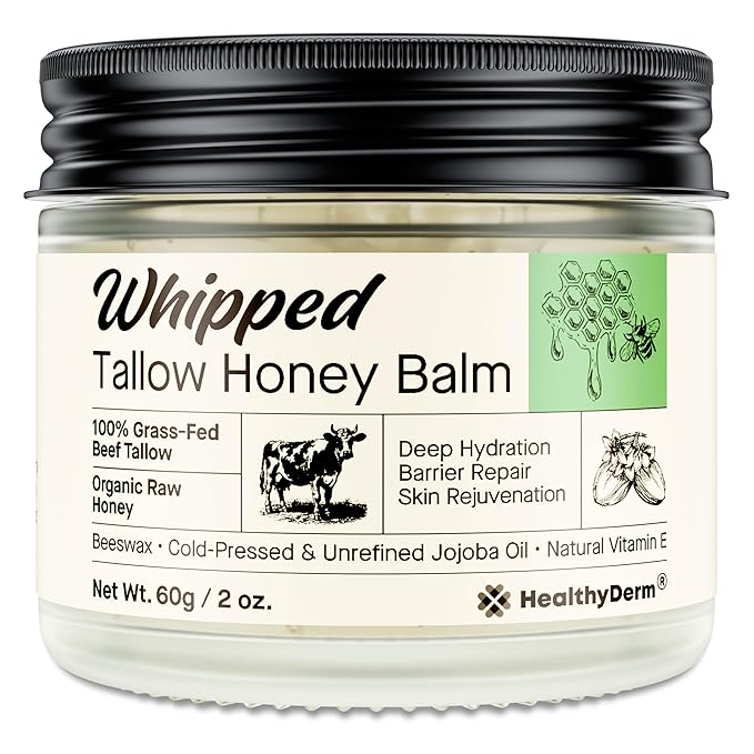 HealthyDerm Beef Tallow Honey Balm for Skin: 100% Grass Fed Whipped Organic Moisturizer with Organic Raw Honey, Jojoba Oil, Vitamin E – Natural Face and Body Care for Mature, Dry or Sensitive Skin, 2oz Moisturiser
