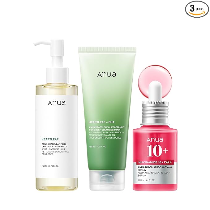 ANUA Anua 3-Step Glass Skin Beginner Set, Oil Cleanser and Face Wash with Facial Serum, Double Cleansing Daily Routine with Niacinamide, Korean Skin Care Set Korean Oil Cleanser
