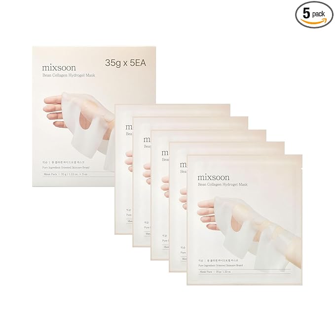mixsoon mixsoon Bean Collagen Hydrogel Mask Hydration All-In-One Firming, Soothing Gel Formula Face Mask for Radiant, Smooth Skin Stocking Stuffers 35g / 1.18 fl.oz. (5ea) Korean Glass Skin Care skincare