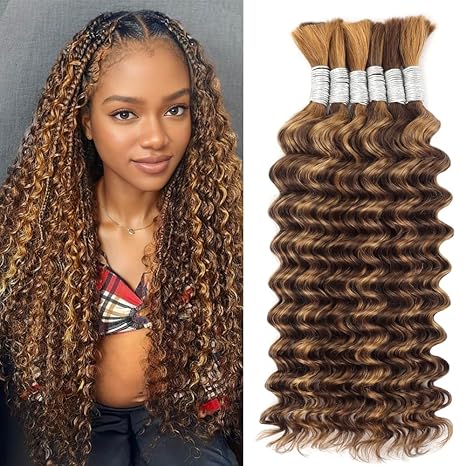 Hotlulana Ombre Braiding Hair Deep Water Wave Bulk Human Hair 18 Inch 6 Bundles/Pack 150g No Weft Curly Human Hair for Boho Braids Hair Extensions Knotless 12A Virgin Ombre Balayage 4/27 skincare