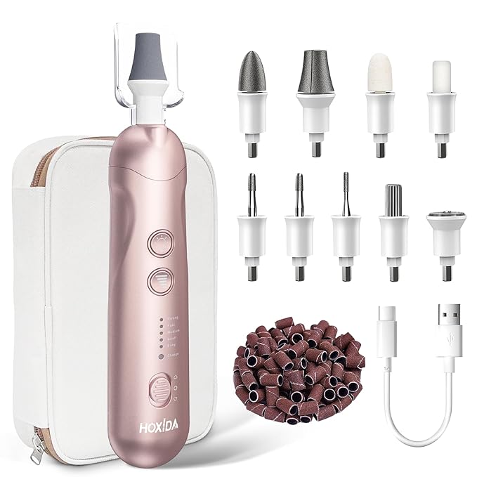 Hoxida Manicure Pedicure Kit with Case, Professional Nail Grinder for Senior Thick Toenail, Cordless Electric Nail File, 5 Speeds Pedicure Tools for feet Callus Remover, Nail Drill for Women Hand Feet Care skincare