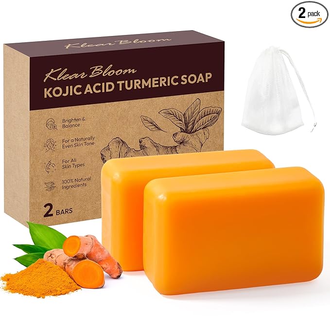 KlearBloom Kojic Acid Soap, Turmeric Soap Bar for Dark Spots Brightening & Moisturizing with Collagen, Vitamin E, Retinol, Hyaluronic Acid, Shea Butter, Paraben & Sulfate-Free 105g x 2 Bars Moisturiser