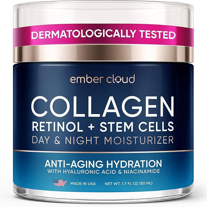 Ember Cloud Collagen Face Cream with Stem Cells Retinol Hyaluronic Acid Niacinamide for All Skin Types - Anti-Aging Face Moisturizer with Airless Pump - Day & Night Cream for Wrinkles - Made in USA 1.7 Oz Moisturiser
