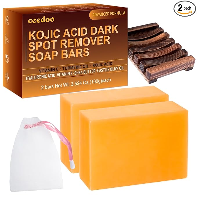 ceedoo Kojic Acid Soap for Dark Spot Remover Bars with Turmeric, Vitamin C, Retinol, Collagen with Hyaluronic Acid, Vitamin E, Shea Butter, Castile Olive Oil - 3.52 OZ x 2 Bars with Soap Holder & Bag skincare