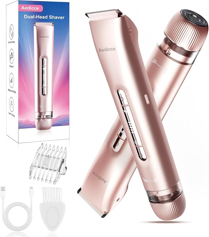 Aedicce Bikini Trimmer for Women 2 in 1, Dual Head Womens Electric Shaver, Electric Razors for Pubic Hair, IPX7 Waterproof Rechargeable Facial Hair Removal for Shaving Underarm Leg Arm Body Face, Rose Gold skincare