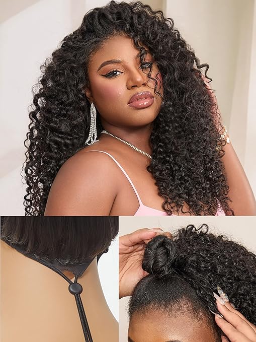 LUVME HAIR LUVME HAIR Half Wig Kinky Curly Flexi-Fit Invisi Flip Drawstring Wig 200% Density Glueless Wigs 100% Human Hair Natural Black Ready to Go Headband Wig for Women 16 Inches skincare