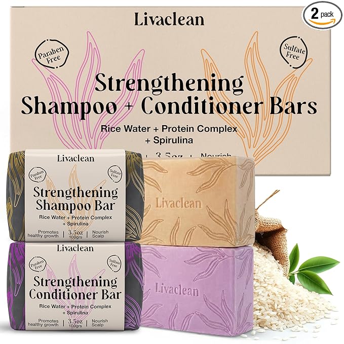 LivaClean 2 Pack Rice Water Shampoo and Conditioner Bar - 2x100g - Hair Soap with Spirulina Matcha Hyaluronic Acid Coconut - No Sulfates or Parabens - Bar shampoo and conditioner Set - Rice Soap for Hair Growth skincare
