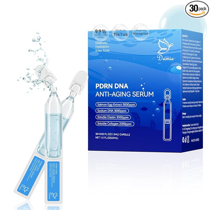 Dumie Salmon DNA PDRN Anti-Aging Serum, 5000ppm Salmon Egg DNA Ampoule, 2000ppm Collagen, Glutathione, Niacinamide & 6 Hyaluronic Acids, Korean Skincare for Wrinkles & Radiance,0.05 fl.oz x 30e Serum