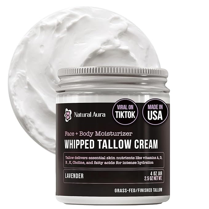 Natural Aura Whipped Beef Tallow for Skin - Face + Body Moisturizer, 100% Grass Fed Grass Finished Tallow and Honey Balm for Dry Skin - Natural Lotion - Free of Harsh Chemicals - 4oz, (Lavender) Moisturiser