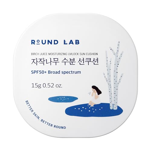ROUND LAB Round Lab Birch Juice Moisturizing UV Lock Sun Cushion, SPF50+ Broad Spectrum, 0.52 oz, Mineral Sunscreen for All Family Members, Over Makeup Poratable Sun cushion, No White cast, Korean Sunscreen Korean Makeup/Base