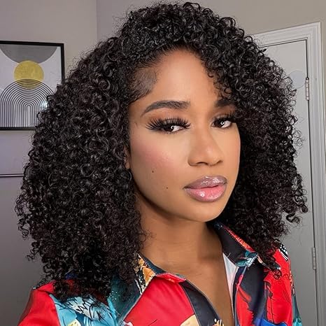 QUANDIAN QUANDIAN Kinky Curly 3 In 1 Half Wig Human Hair 200% Density Wear Go Glueless Wigs Human Hair for Women 16 Inch Afro Curly Seamless Flip Wig Invisible Hairline Beginner Friendly skincare