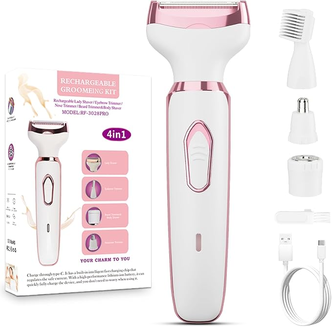 RUIBO Women s Electric Razor Bikini Trimmer, 4-in-1 Cordless Shaver for Face, Legs, Underarms, Pubic Hair – Wet/Dry Use, Painless Hair Removal skincare