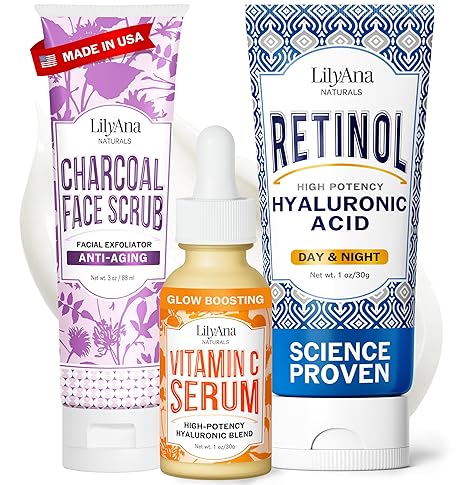 LilyAna Naturals LilyAna Naturals Ageless Beauty Trio Skincare Set - Retinol Cream 1.7 oz, Charcoal Face Scrub 3 oz, Vitamin C Serum 1 oz - Anti Aging Wrinkle Cream for Face and Brightening Serum and Facial Scrub Serum
