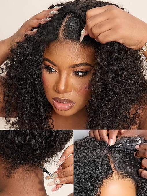 LUVME HAIR LUVME HAIR V Part Wig Human Hair Drawstring Wig Kinky Curly Half Wig 16 inch U Part 100% Real Human Hair Glueless None Lace Wigs Virgin Hair Machine Made Wigs 200 Density Natural Color skincare