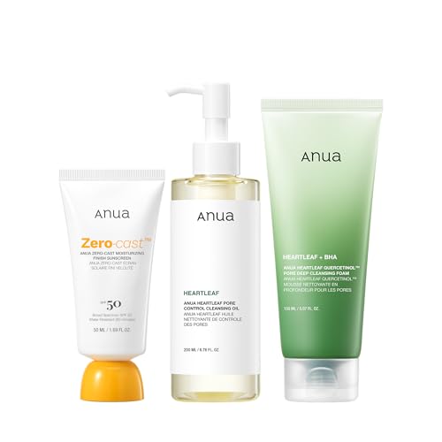 ANUA Anua After sun care trio set, Heartleaf Cleansing Foam+ Zero-Cast Moisturizing Finish Sunscreen, Heartleaf Pore Control Cleansing Oil, Face wash, Oil Cleanser, Facial sunscreen, Korean skincare set Korean Oil Cleanser