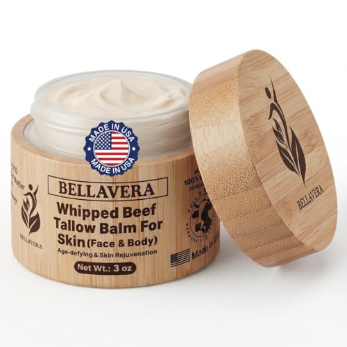 Bellavera Whipped Tallow and Honey Balm for Face & Body – Manuka honey and Grass Fed Beef Tallow Face Moisturizer – Anti Wrinkle & Anti Aging Cream – Cebo de Res – Made in USA -With Frankincense -3 oz Moisturiser