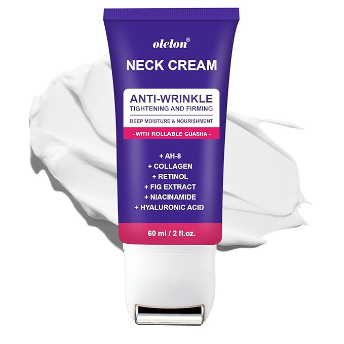 OLELON Neck Firming Cream with Roller, Neck Cream for Tightening and Firming with Retinol, Collagen & Niacinamide to Reduce Wrinkles, Tighten Sagging Skin & Lift Jawline Exfoliator