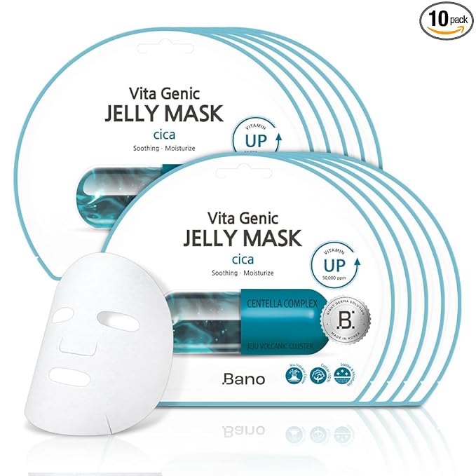 Bano Vita Genic Jelly Face CICA Mask 10EA – Soothing & Hydrating Sheet Mask for Sensitive Skin, Korean Glass Skin Care with Centella, Vitamin C, Biotin & Niacinamide, Fragrance-Free Sheet Mask