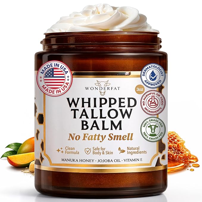 Wonderfat Grass-Fed Whipped Tallow Balm, Face and Body Moisturizer with Manuka Honey, Fragrance Free Tallow Moisturizer for Sensitive Skin, Lightweight Tallow Cream, 3 oz Moisturiser
