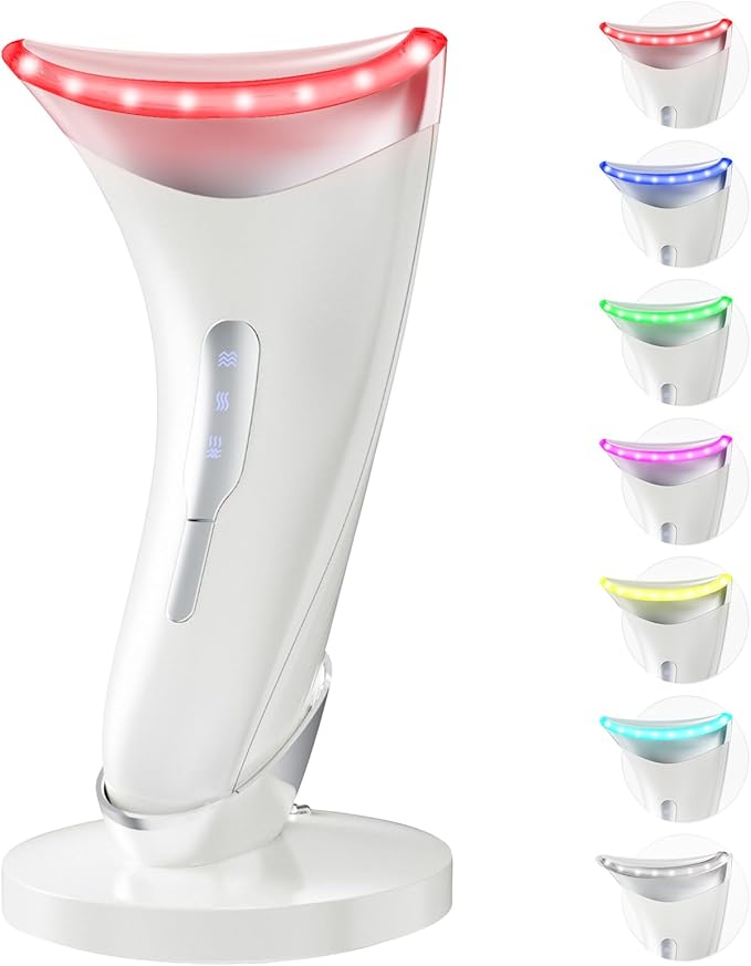 Dopsikn Red Light Therapy for Face and Neck, 7 Color Facial Massager with Adjustable Vibration and Thermals for Wrinkles, Double Chin, Portable Skin Care Tool with Base, White skincare