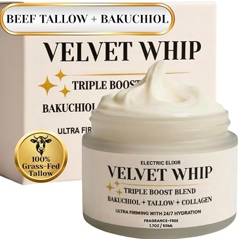 Electric Elixir Beef Tallow Face Cream – Organic Grass-Fed Whipped Tallow Moisturizer with Bakuchiol & Collagen for Wrinkles, Firming, Hydration & Brightening – Anti-Aging Retinol Alternative for Sensitive Skin Moisturiser